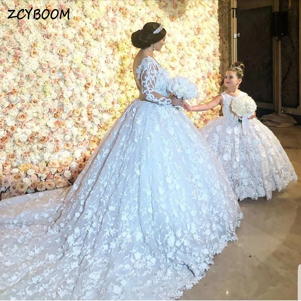 Top Trends: Luxury Appliques Tulle With Long Sleeves White Mother Daughter Wedding Dress 2024 Ball Gown Floor Length Sweep Train Bridal Gown Shoppable Styles