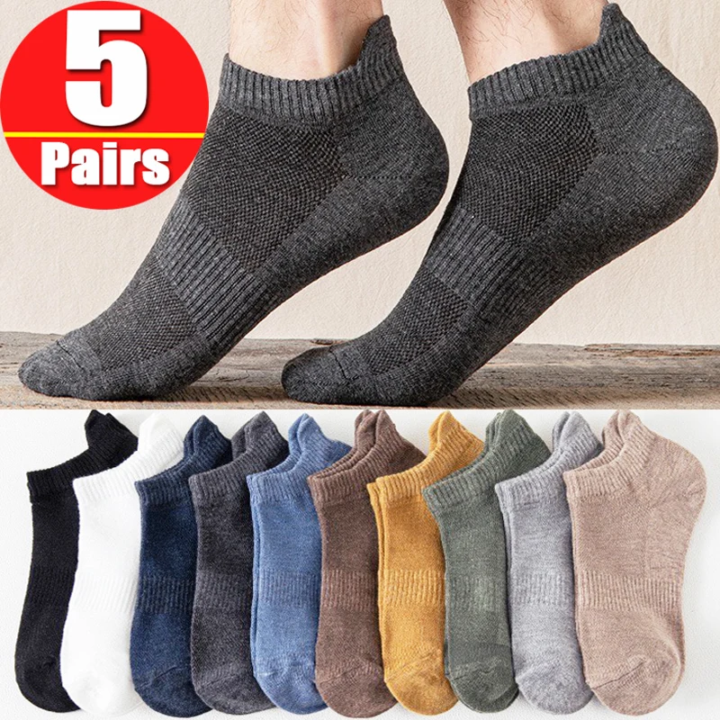 Top Trends: 5Pairs / lot Men&#039;s Socks Solid Color Sports Boat Sock Summer Thin Mesh Sweat-absorbing Breathable Sock Casual Cotton Ankle Socks Shoppable Styles