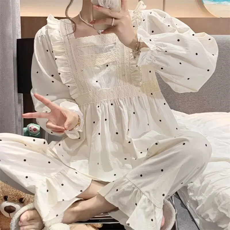 Top Trends: Lace Pajama Set - 2-Piece Sweet Dot Print Sleepwear With Full Sleeve T-shirt And Long Pants Cozy Princess Comfort Soft Homewear Shoppable Styles