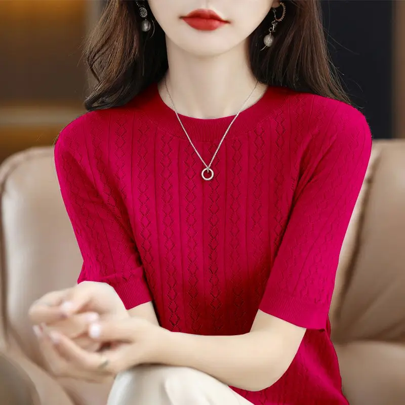 Top Trends: Fashion O-Neck Knitted Solid Color All-match Korean Blouse Women&#039;s Clothing 2023 Summer New Casual Pullovers Loose Commute Shirt Shoppable Styles