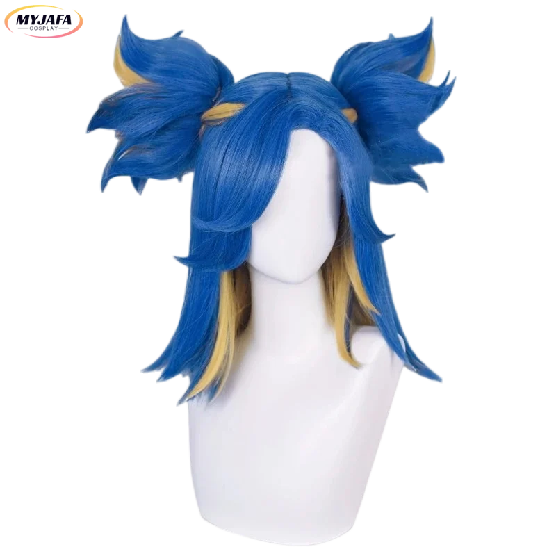 Top Trends: Game Valorant Neon Cosplay Wig Short Blue Mix Blond With 2 Clip Ponytails Heat Resistant Synthetic Hair Role Play Wigs + Wig Cap Shoppable Styles