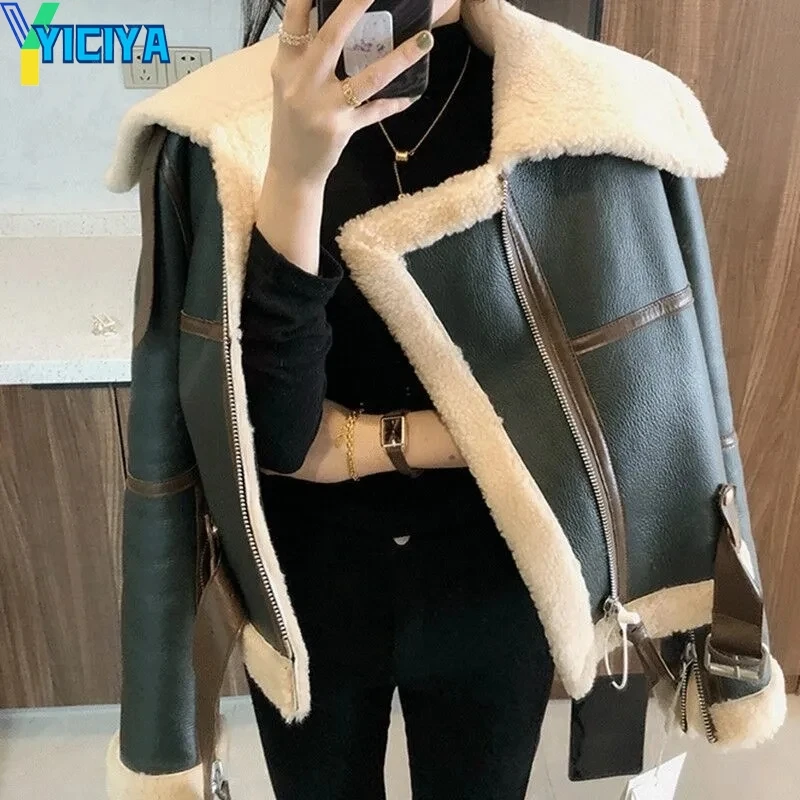 Top Trends: YICIYA Faux Fur Leather Jacket Racing Bomber Women Vintage Winter Female Zipper Coat Moto Biker Outwear Jackets Coats Fashion Shoppable Styles