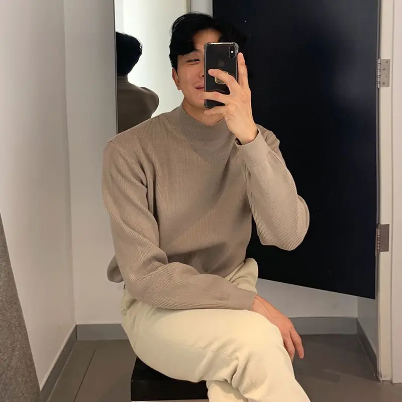 Top Trends: 2023 Autumn And Winter New Men Clothes Half Turtleneck Knitted Sweater Men Loose Korean Fashion Solid Color Bottoming Sweaters Shoppable Styles