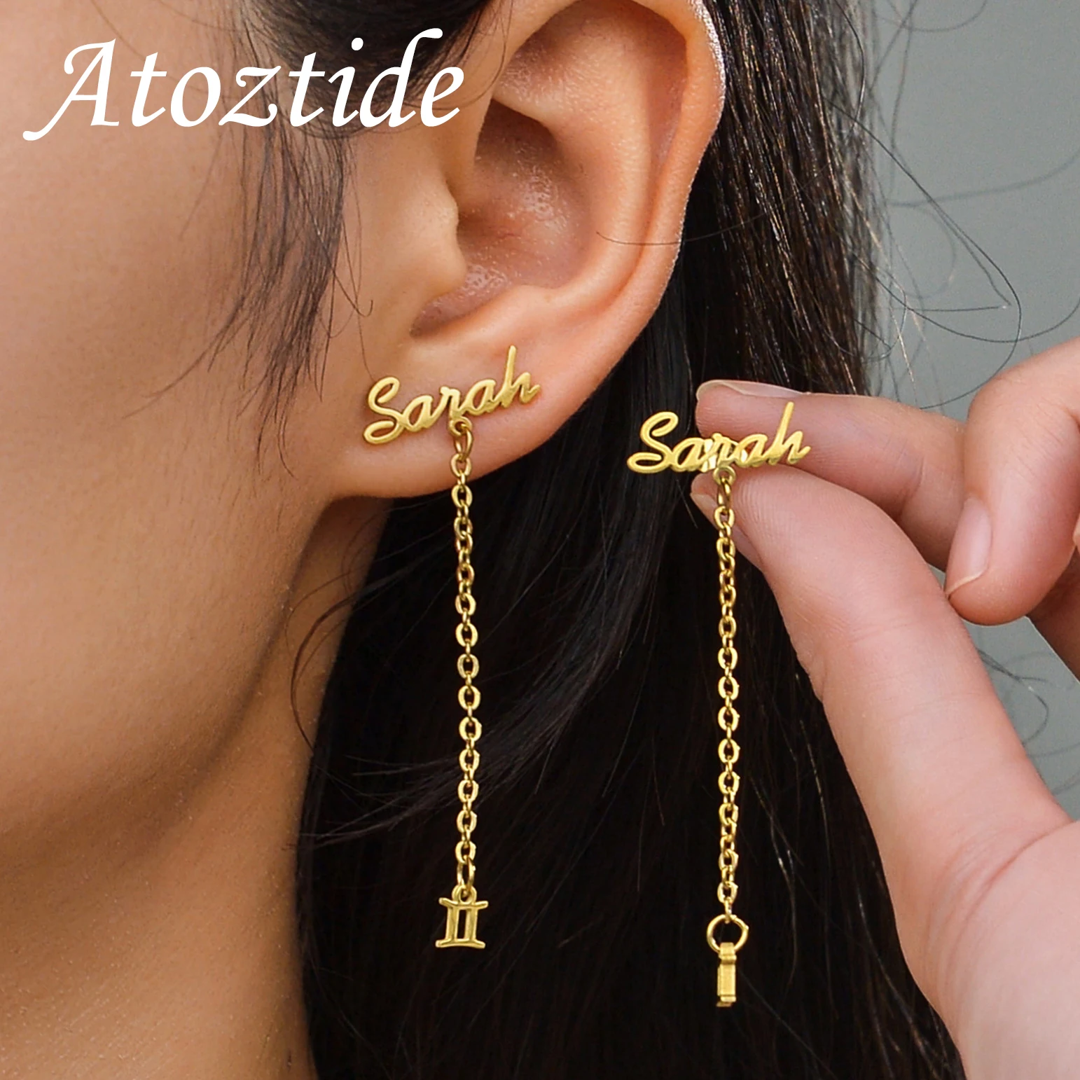 Top Trends: Atoztide Personalized Custom Name Stud Earrings For Women Stainless Steel With Chain Constellation Heart Letter Jewelry Gift Shoppable Styles