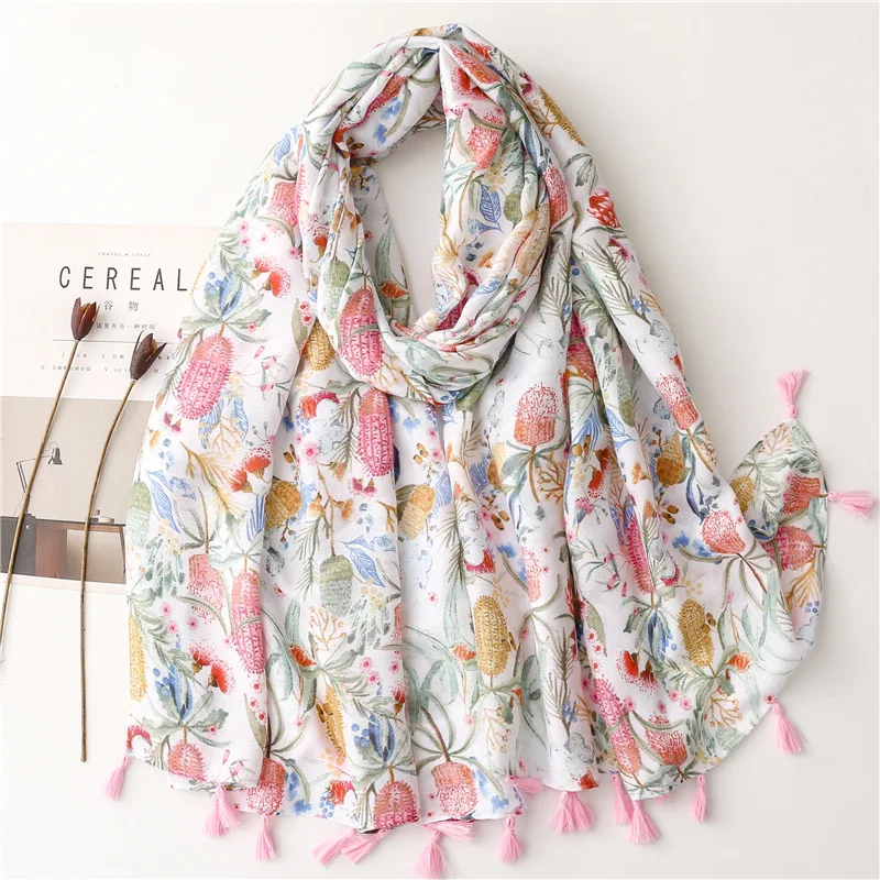 Top Trends: New Women Fashion Luxury Aztec Floral Tassel Viscose Scarf Lady Print Soft Shawls And Wraps Pashmina Muslim Hijab Snood 180*90Cm Shoppable Styles