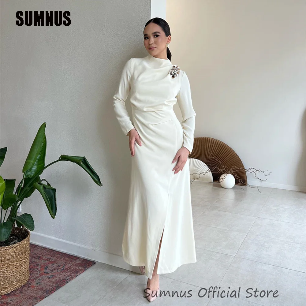 Top Trends: SUMNUS Elegant White Saudi Arabic Women Evening Dresses Long Sleeves Slit Beads Prom Gowns High Neck Formal Occasion Party Dress Shoppable Styles