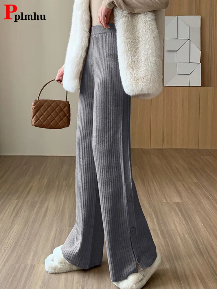 Top Trends: Womens Knitted Split Wide Leg Pants Autumn Winter Warm Korean Fashion Pantalones Baggy Casual High Waist Thick Straight Trousers Shoppable Styles