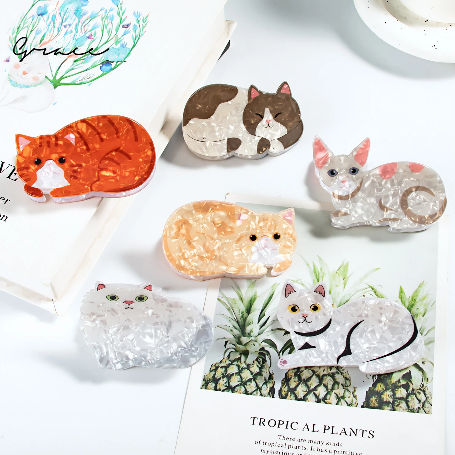 Top Trends: Cartoon Golden-Shaded Cat Amber Scratch Hair Clips Acetate Hair Claw Cute Texture Ragdoll Cat Striped Styling Tool Accessories Shoppable Styles