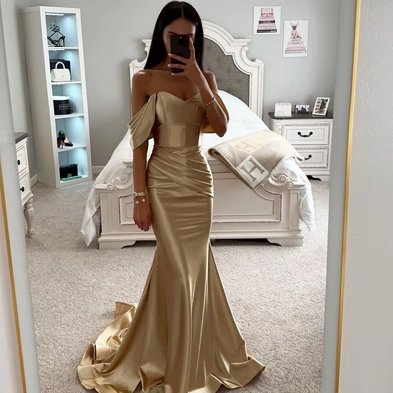 Top Trends: Thinyfull Champagne Mermaid Prom Dresses Off The Shouler Satin Evening Dress Formal Saudi Arabia Cocktail Party Gowns Plus Size Shoppable Styles