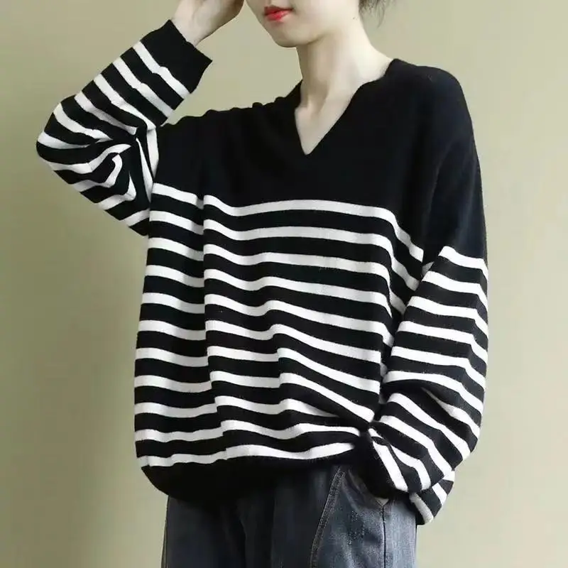 Top Trends: Fashion V-Neck Spliced Casual Striped Sweaters Women&#039;s Clothing 2023 Autumn Winter Oversized Korean Pullovers Commuter Tops Shoppable Styles