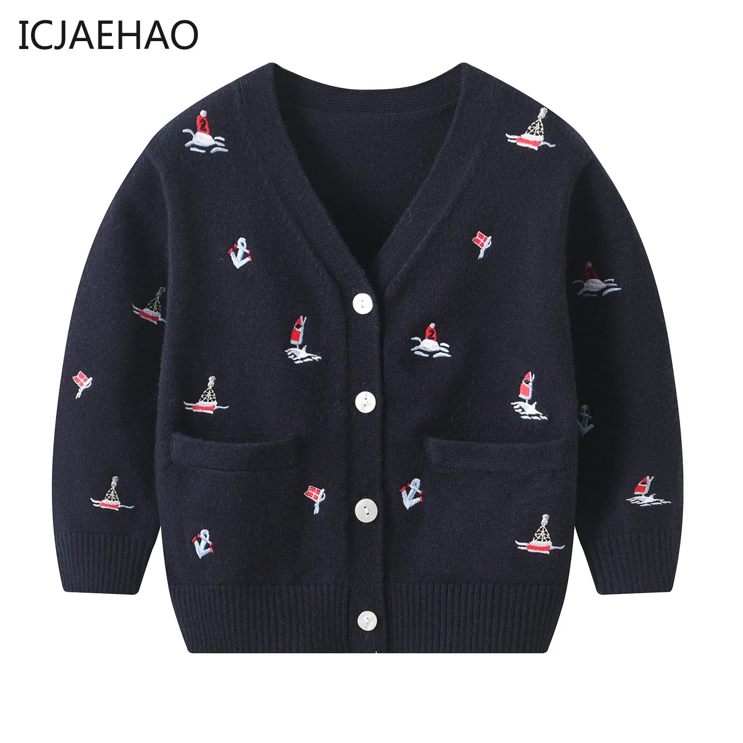 Top Trends: Kids Boy Knit Cardigan For Autumn Winter Children Boys Coats Sailboat Embroidery V-Neck Knitted Sweater Infants Baby Knitwear Shoppable Styles