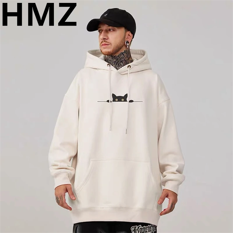 Top Trends: HMZ High Street Cartoon Cat Print Hoodies Clothes Couples Top Harajuku Sweatshirt Streetwear Men Oversized Cotton Hip Hop Hoodie Shoppable Styles