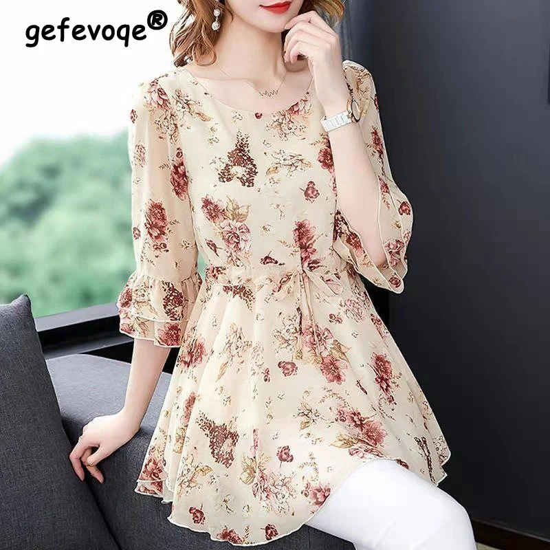 Top Trends: Vintage Elegant Fashion Casual Floral Printing Belt Long Shirt Summer 2023 New O-Neck Half Sleeve Tunic Blouse Women's Clothing Shoppable Styles