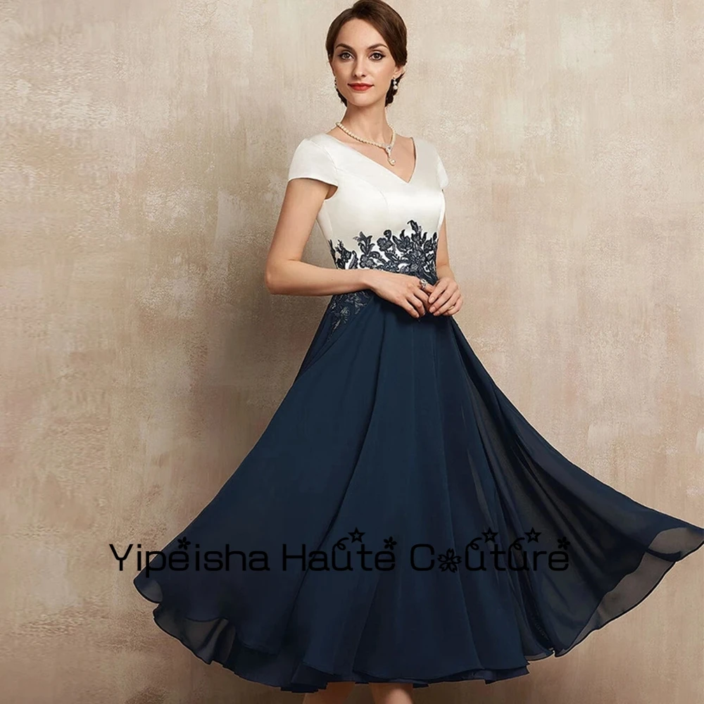 Top Trends: Yipeisha Dark Navy Chiffon Wedding Party Gowns Strapless Short Sleeve Mother Of Bridal Dresses Tea Length Prom Gowns 2023 Summer Shoppable Styles