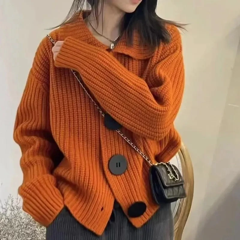 Top Trends: Knitted Cardigan Women Sweater Turn-down Collar Chic Big Button Loose Korean Warm 2023 New Autumn Winter Cardigan Y2K Coat Shoppable Styles