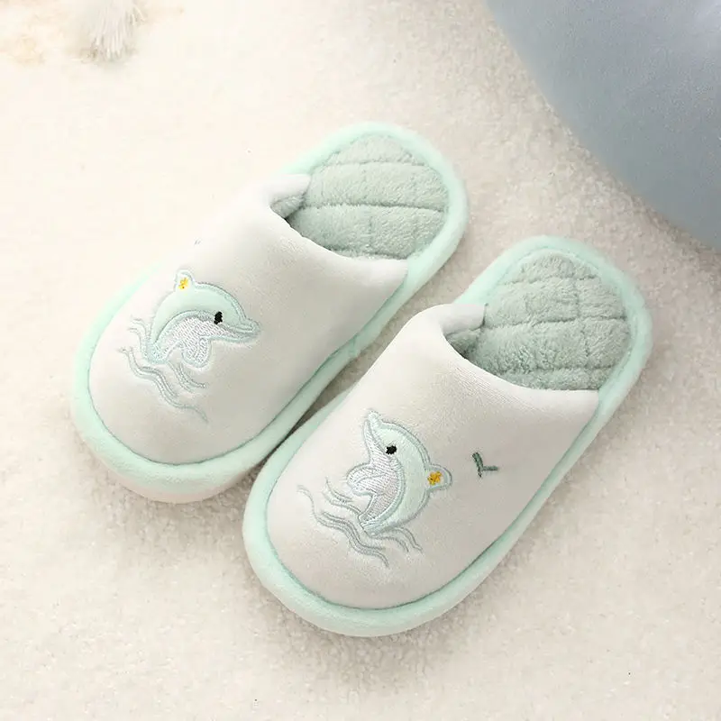 Top Trends: Dolphin Embroidery Children Slippers Autumn Winter Cotton Warm Thick Fluffy Slippers Comfort Non-Slip Home Indoor Furry Shoes Shoppable Styles