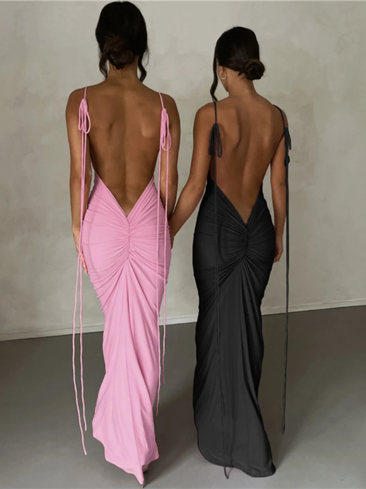 Top Trends: Pink Backless Sexy Maxi Dresses For Women 2023 Spaghetti Strap Ruched Bodycon Dress Wedding Evening Party Dress Elegant Luxury Shoppable Styles