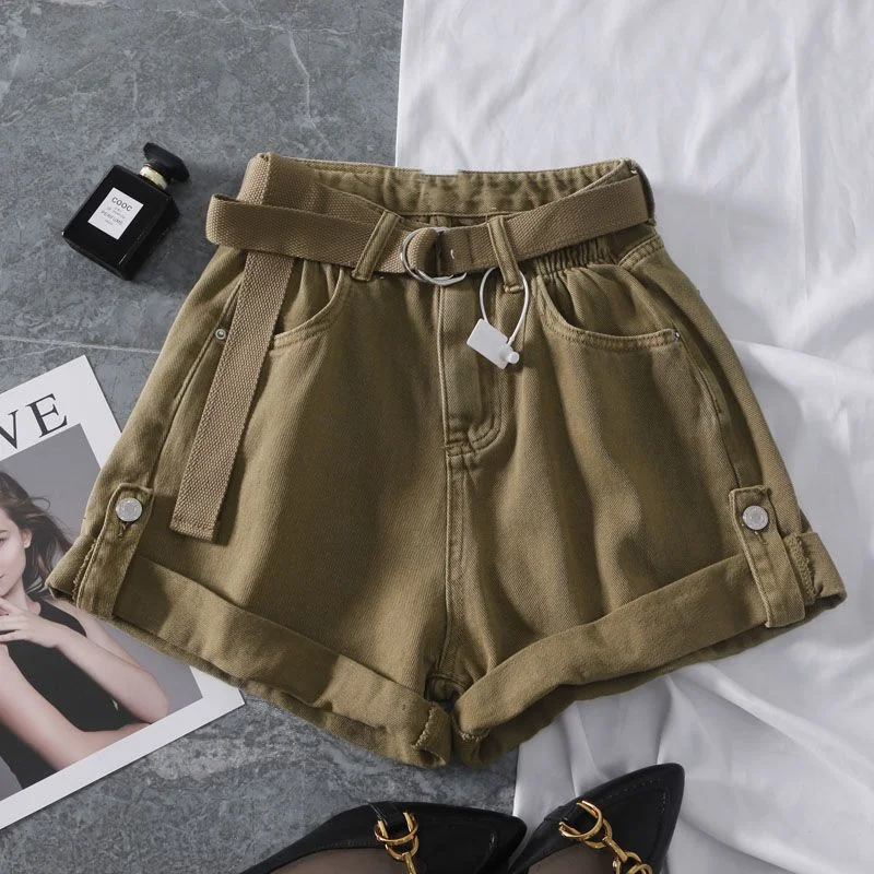 Top Trends: Women Summer Korean New High Waist Casual Fashion Curled Shorts Button Waist Belt Zipper Pocket Versatile Wide Leg Half Pants Shoppable Styles