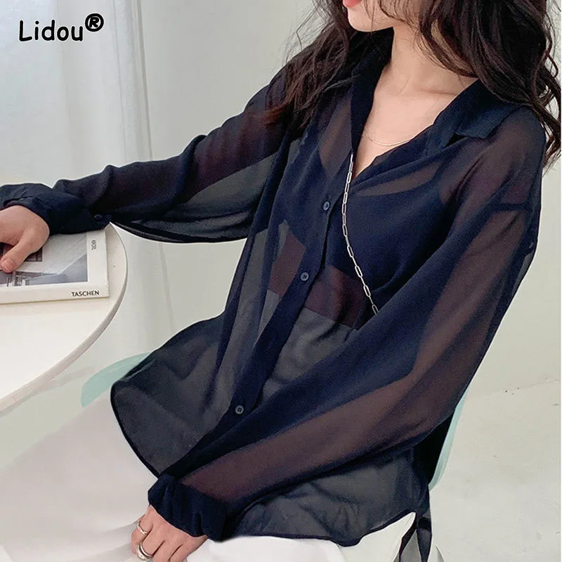 Top Trends: Thin Single Breasted Button Turn-down Collar Women Shirt Korean Long Sleeve Solid Loose Women's Clothing Chiffon Spring Summer Shoppable Styles