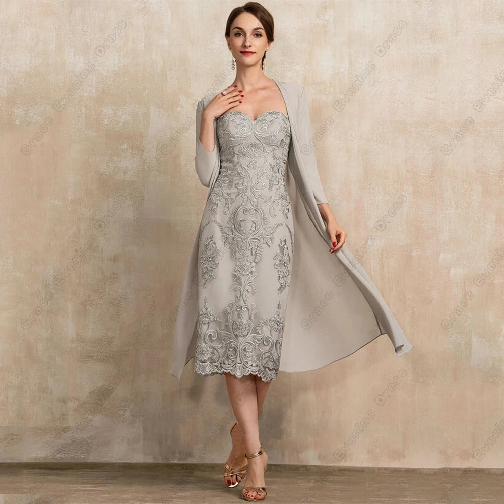 Top Trends: Grey Strapless Mother Of Bride Dresses With Lace Tea Length 2023 Summer Full Sleeve Wedding Party Dresses Vestidos De Noche 2024 Shoppable Styles