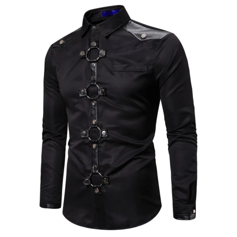 Top Trends: #4753 Streetwear Shirt Men Long Sleeve Gothic Style Rivet Solid Color Men's Shirt Slim Party Singer Stage Shirt Man Black Red Shoppable Styles - Image 2