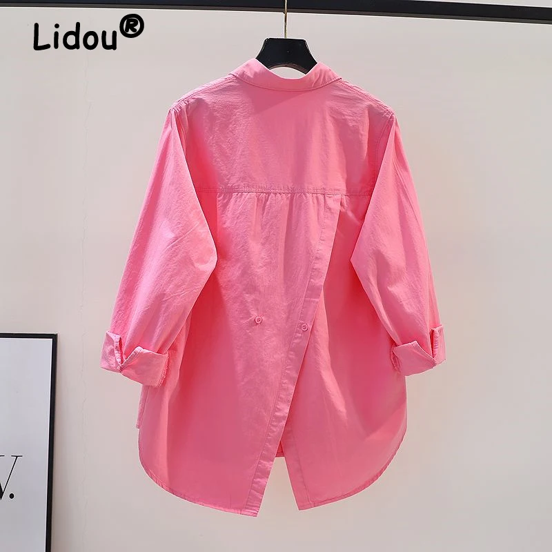 Top Trends: Women's Simple Casual Asymmetrical Oversized Cotton Button Up Tunic Shirts Solid Long Sleeve Streetwear Top Blouse Blusas Mujer Shoppable Styles