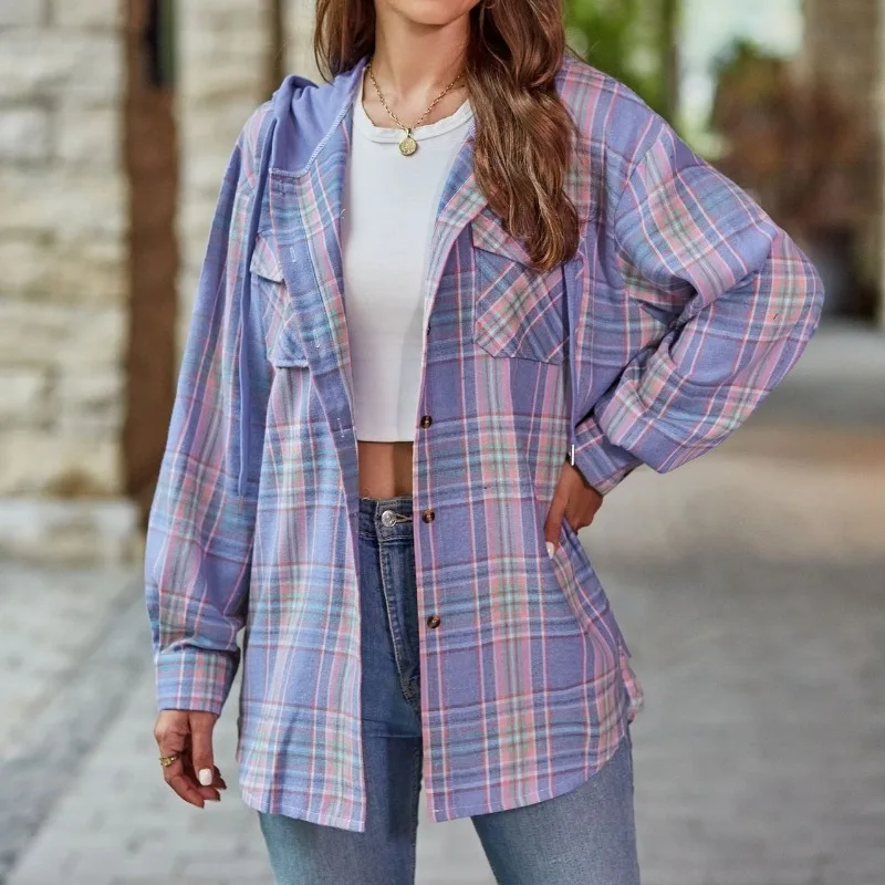 Top Trends: Spring And Autumn Women's Cardigan Hooded Long Sleeve Contrast Plaid Stripe Button Pocket Patchwork Fashion Casual Shirt Tops Shoppable Styles