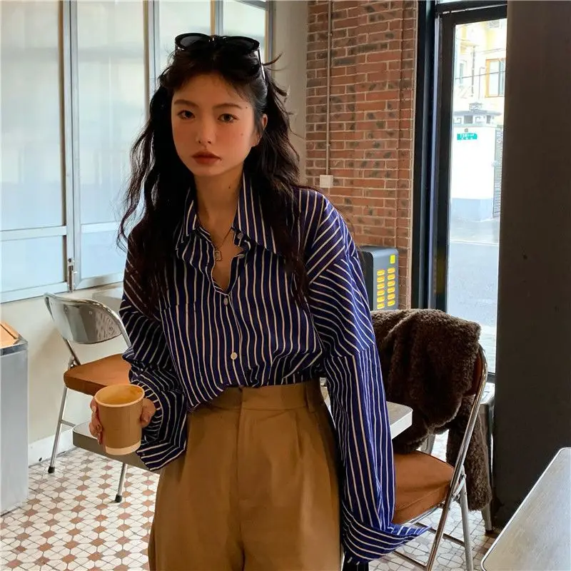 Top Trends: Deeptown Striped Women Blouses Basic Vintage Chic Long Sleeve Shirts Korean Fashion Old Money Style Casual Tops Office Wear Shoppable Styles