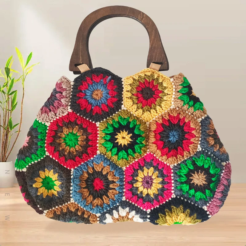 Top Trends: Bohemian Granny SquareCrochet Women Handbags Vintage Wooden Knitted Hand Bags Handmade Woven Large Tote Big Shopper Purses 2023 Shoppable Styles