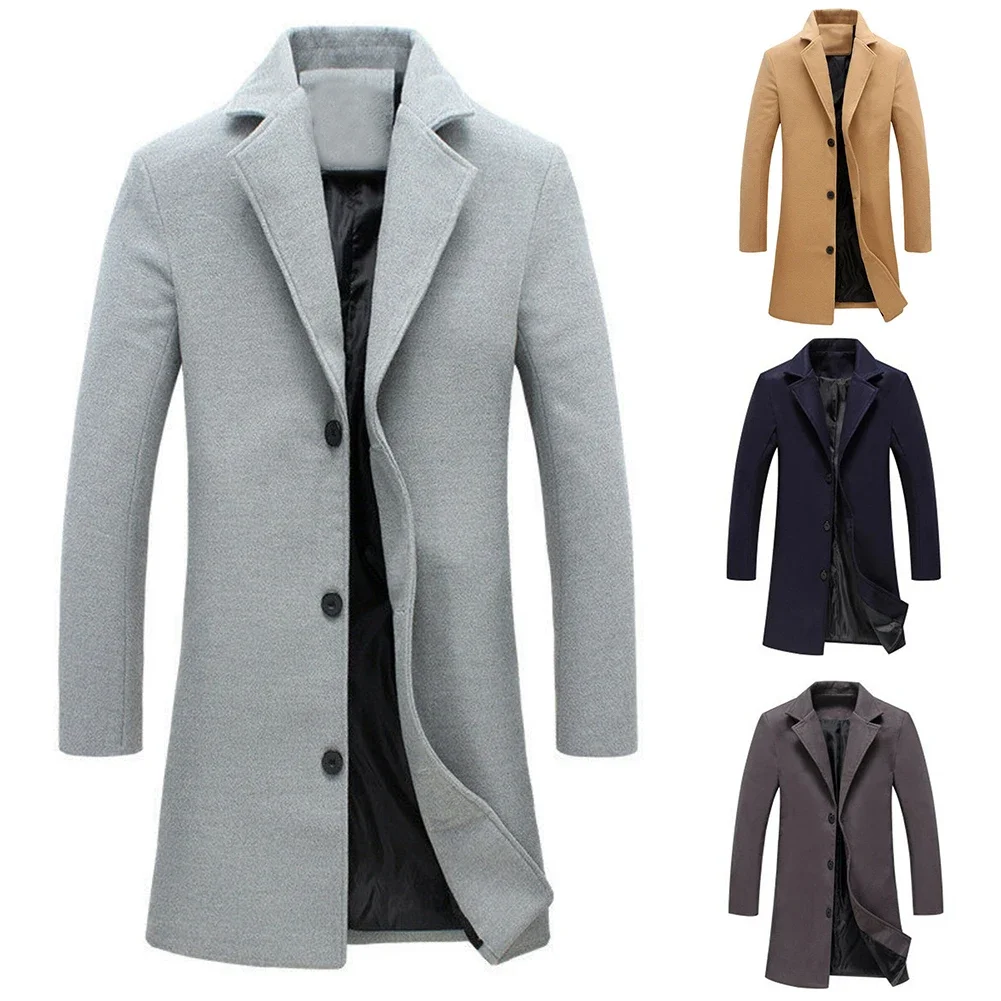 Top Trends: Autumn Winter Solid Color Single Breasted Lapel Long Coat Fashion Men&#039;s Woolen Coats Jacket Casual Overcoat Plus Size 5 Colors Shoppable Styles