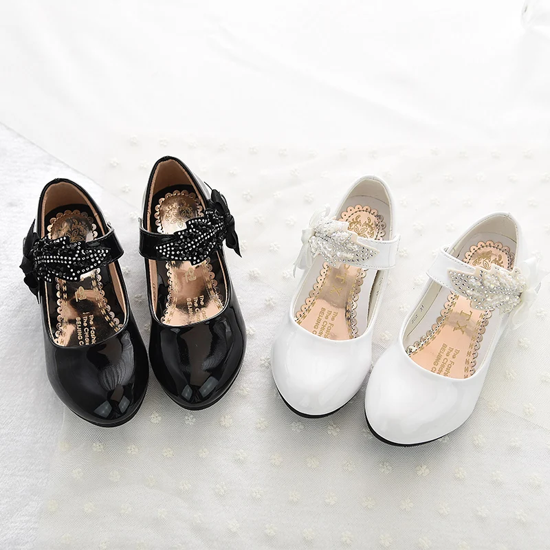 Top Trends: Flower Leather White Shoes Little Girl Princess Dress Shoes High Heels Children Big Wedding Rhinestone Bow Party Shoes3 -14 Year Shoppable Styles