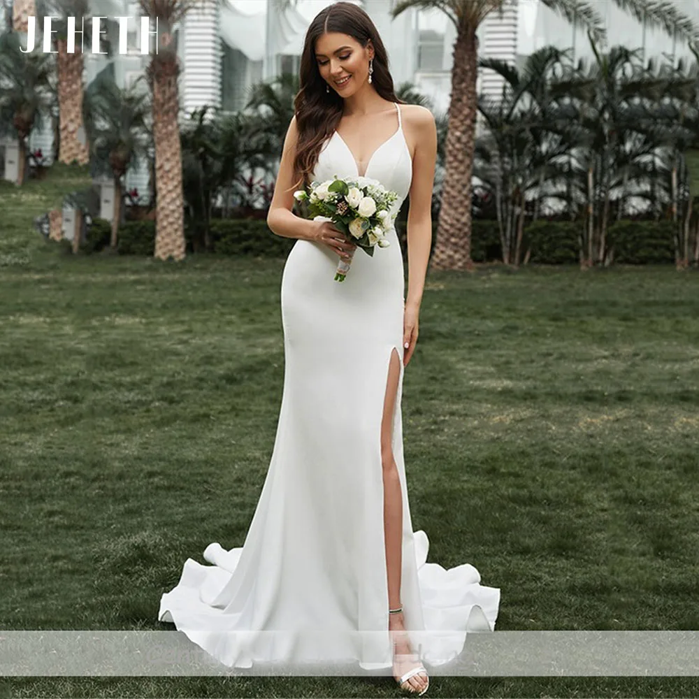 Top Trends: JEHETH Sexy High Slit Elastic Soft Satin Mermaid Wedding Dresses Spaghetti Straps Backless V-neck Bridal Gowns Beach Vestidos De Shoppable Styles