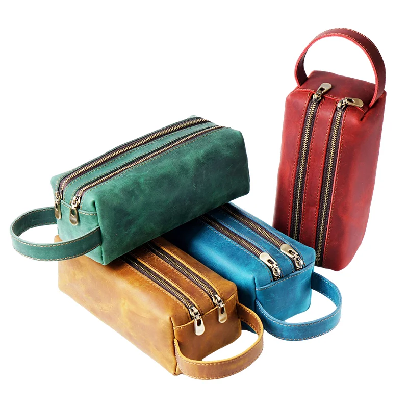 Top Trends: Men Handbag And Clutch Wallet Pencil Bag Retro Crazy Horse Leather Double Zipper Simple Large-capacity Pencil Case Male Wash Bag Shoppable Styles