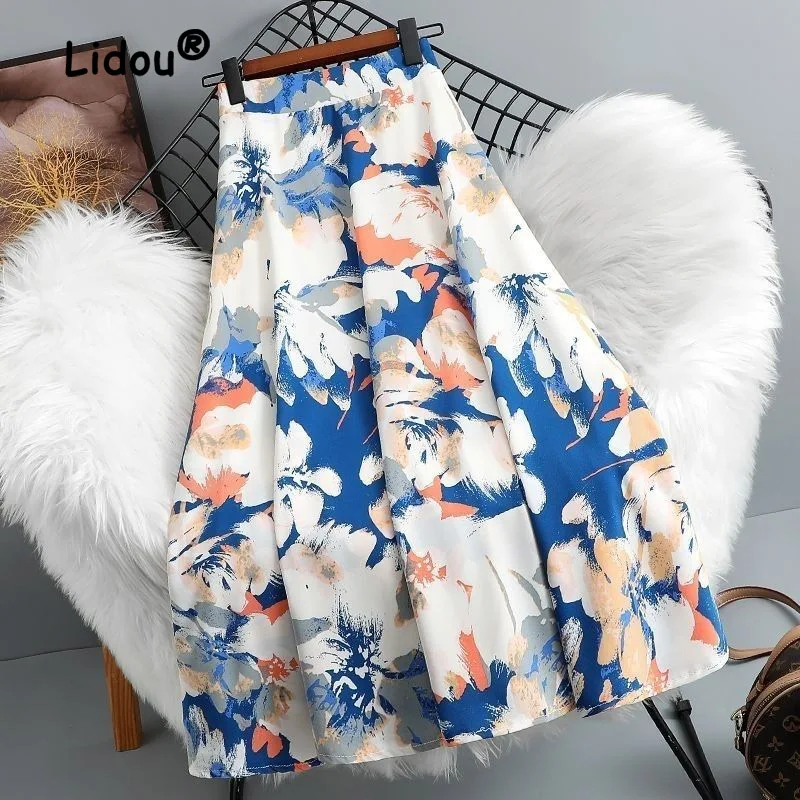 Top Trends: Elegant Classic Floral Slim A-line Skirt Women High Waisted Tie Dye Printing Elasticity Fashion Casual All-match Lady Midi Skirt Shoppable Styles