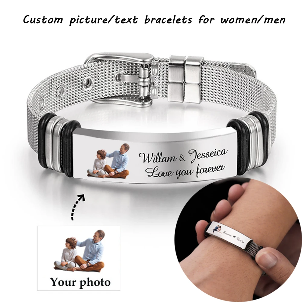 Top Trends: 1 PC Personalized Name Picture Bracelets For Men Women Customized Stainless Steel Mesh Band Bracelet Custom Photo Bangles Gifts Shoppable Styles