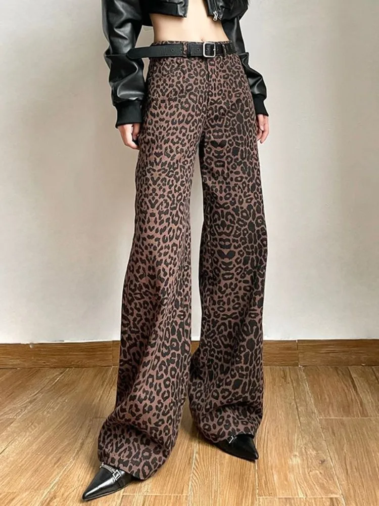 Top Trends: ADAgirl Vintage Leopard Wide Leg Pants Women Oversized Streetwear Harajuku High Waist Straight Pants Casual Loose Long Pants New Shoppable Styles