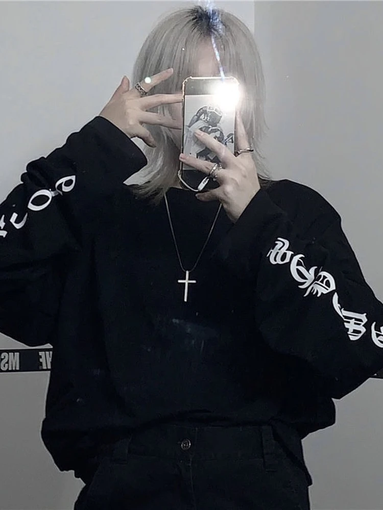 Top Trends: QWEEK Gothic Harajuku Oversized T Shirts Women Korean Letter Print Tees Black Long Sleeve Tops 2022 Spring Kpop Alt Clothing Shoppable Styles - Image 6