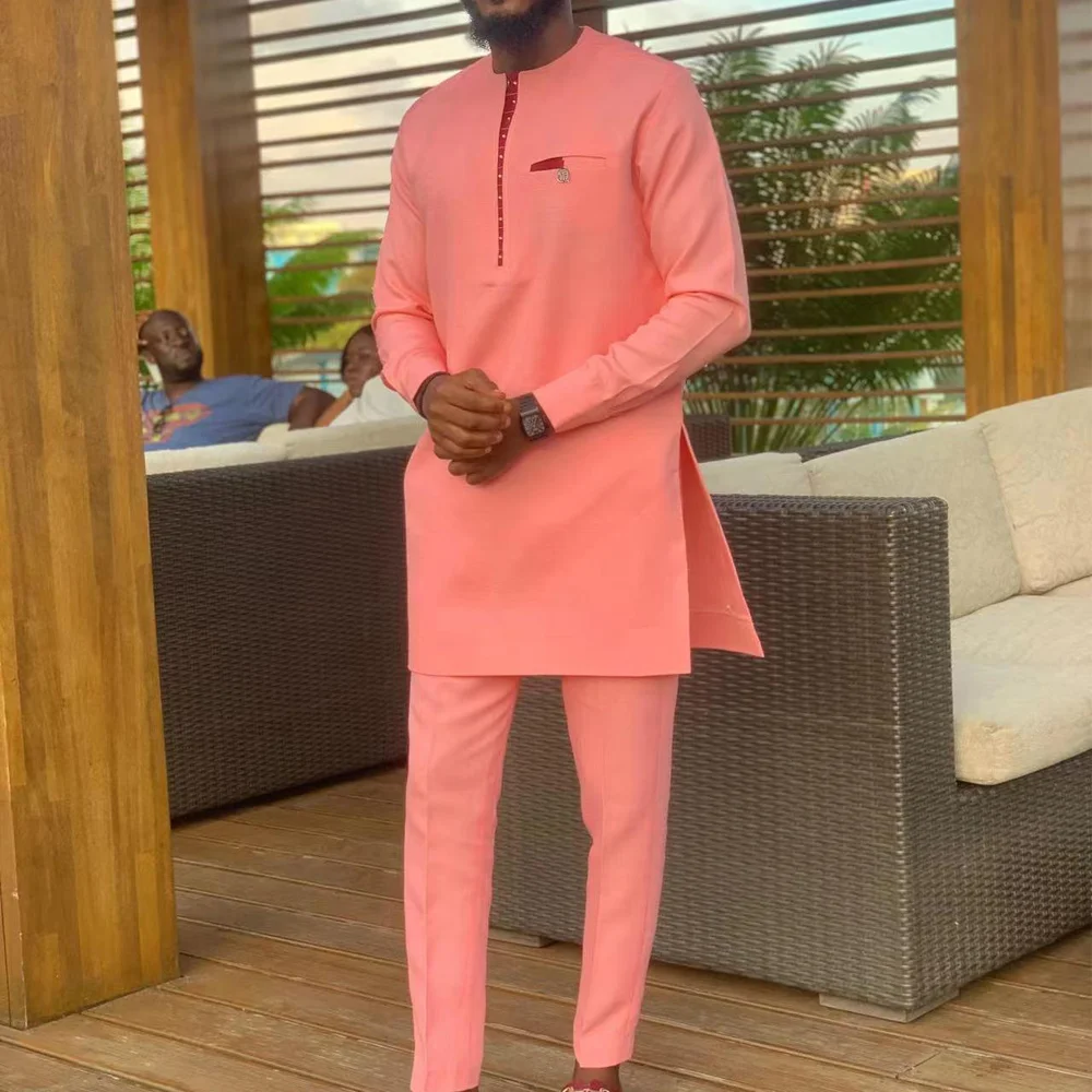 Top Trends: 2024 Kaftan Elegant African Style Men's Suit Pink Long Sleeve Simple Shirt And Casual Pants 2 Piece Set Wedding Men's Costumes Shoppable Styles