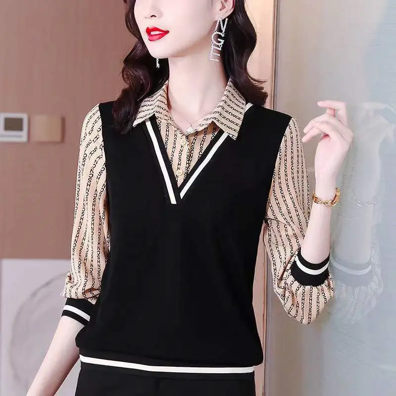 Top Trends: Stylish Printed Button Spliced Letter Fake Two Pieces Blouse Women Clothing 2022 Autumn Casual Pullovers Loose Office Lady Shirt Shoppable Styles