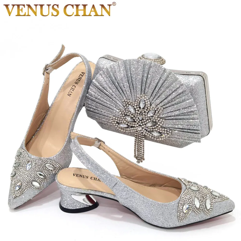 Top Trends: 2023 Nigerian Women&#039;s Silver Mid Heels Frosted Crystal Shiny Rhinestone Party Italian Design Pointed Shoes And Bag Set Shoppable Styles