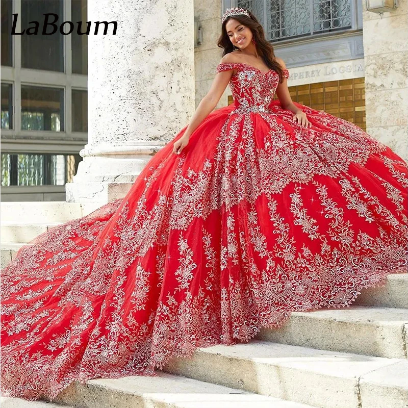 Top Trends: LaBoum Women’s Red Lace Quinceanera Dresses Sequined Off Shoulder Ball Gown Sweep Train Tulle Vestidos De 15 Años Sweet 16 Shoppable Styles