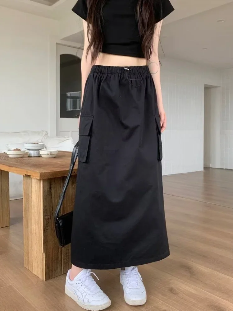 Top Trends: HOUZHOU Long Cargo Skirt Women Korean Casual Split Drawstring Elastic Waist Pocket Patchwork Solid A-line Midi Skirt Streetwear Shoppable Styles