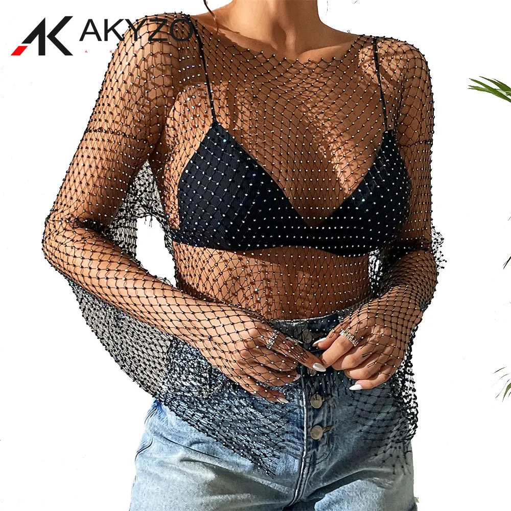 Top Trends: Y2K Mesh See Through T Shirt Shiny Rhinestone Fishnet Hollow Out Women Sexy Crop Top Long Sleeve Camis Cover Up Party Tank Tops Shoppable Styles