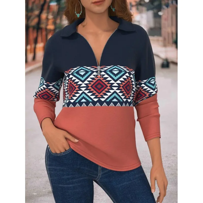 Top Trends: 2023 New Autumn And Winter Fashion Zipper Lapel Western Pattern Long Sleeve Temperament Commuter Casual Women's Loose Sweater Shoppable Styles