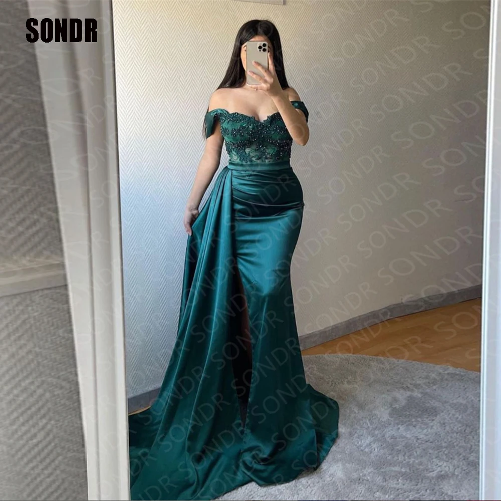 Top Trends: SONDR Green Long Lace Off Shoulder Evening Prom Gowns Dresses Satin Custom Formal Club Event Princess Night Party Dress Gown Shoppable Styles