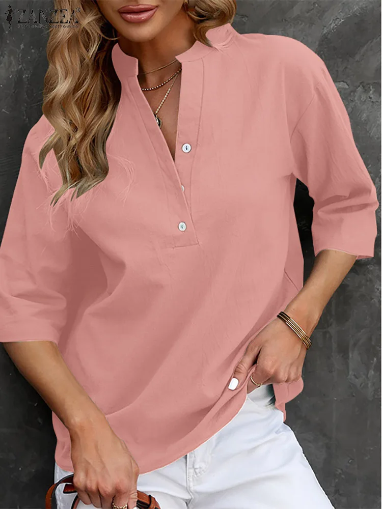 Top Trends: ZANZEA Women Summer Blouse Cotton Short Sleeve V-Neck Solid Tunic Tops Femme Fashion Casual Oversized Elegant Vintage Shirt 2023 Shoppable Styles