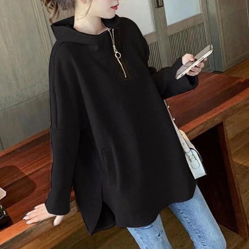 Top Trends: 2023 New Spring And Autumn Fashion Stand Neck Zipper Casual Loose Oversize Mid Length Versatile Women&#039;s Versatile Hooded Sweater Shoppable Styles