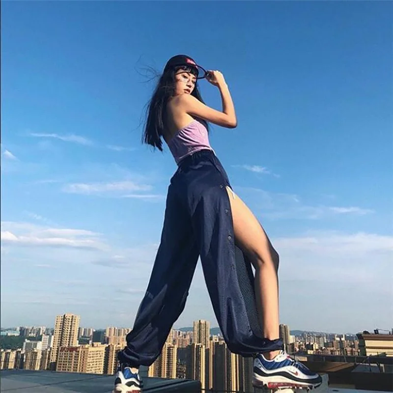 Top Trends: 2023 Autumn New Mesh Button Splicing Beam Pants Feet New High Waist Casual Loose Long Trousers Side Slit Harem Pants Streetwear Shoppable Styles