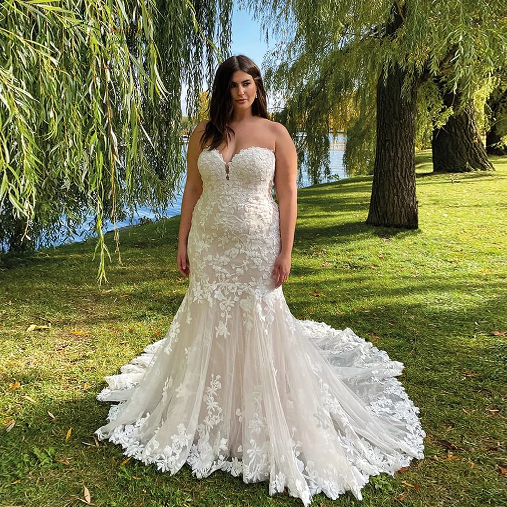 Top Trends: Classic Sweetheart Neck Wedding Dresses Plus Size Sleeveless Bride Gowns Lace Appliques Sweep Train Mermaid Vestido De Noiva Shoppable Styles