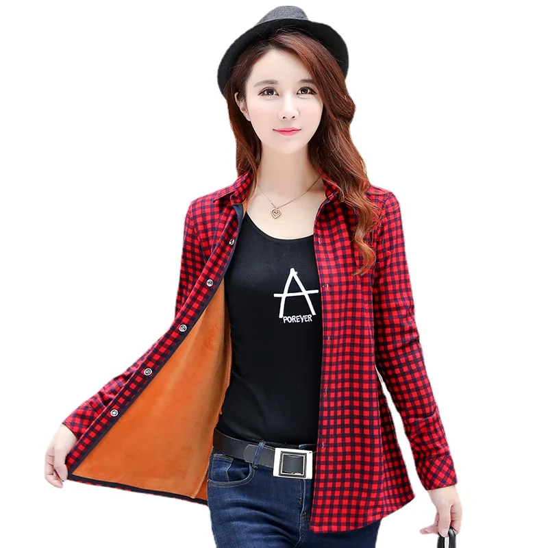 Top Trends: Velvet Thick Warm Women Plaid Shirts Female Oversized M-XXXXL Women's Coat Winter Fleece Blusas Femininas Chemise Femme Blouses Shoppable Styles